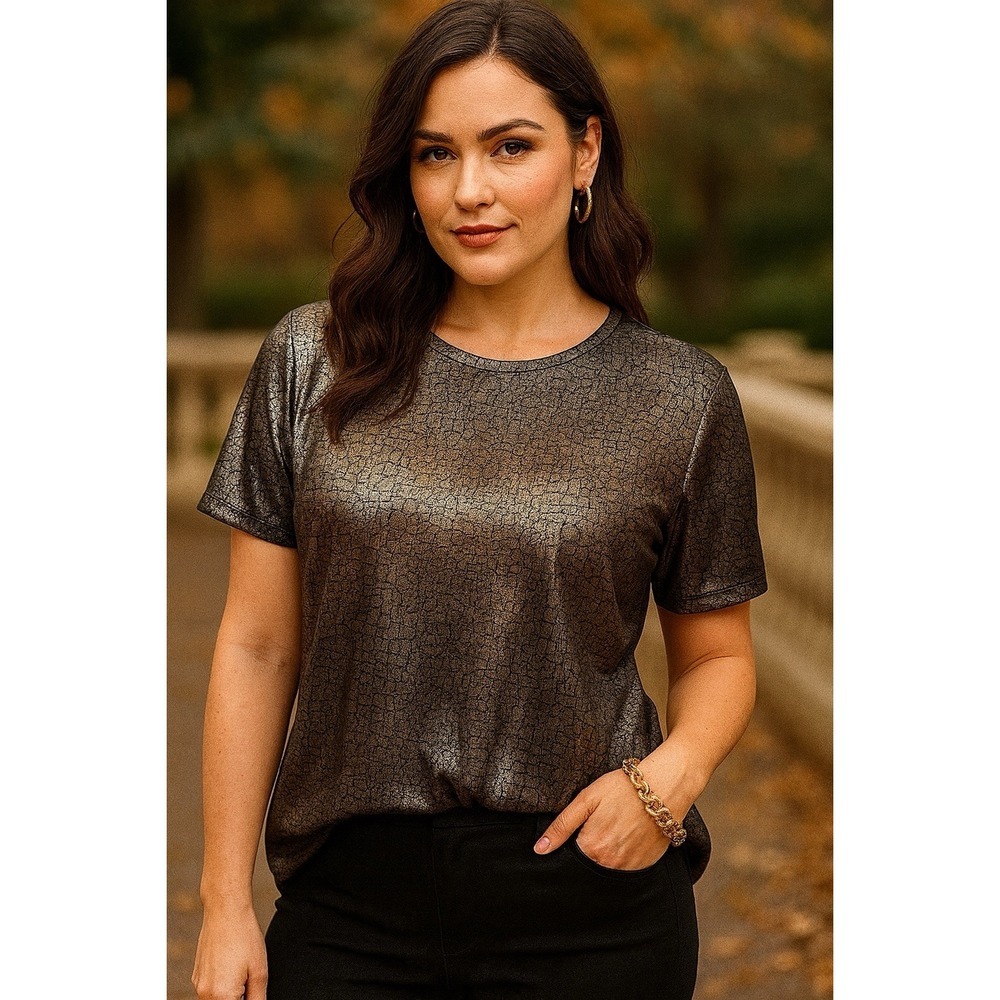 Clio Womens‎ S/M Gold Black Metallic Crackle Print Crew Neck Party Top